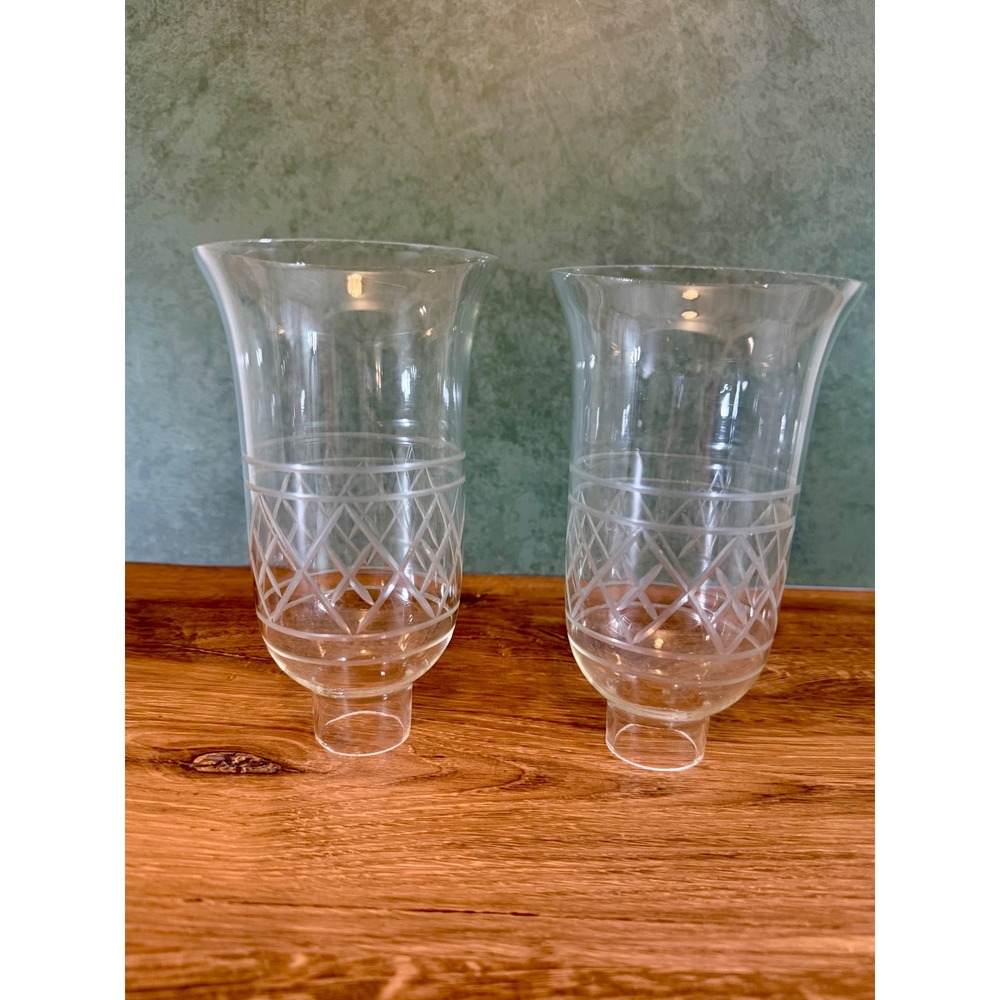 Vintage Clear Glass Hurricane Lamp Shades Etched Lattice Diamond Set of 2